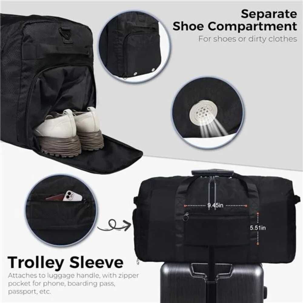 65L Duffle Bag with Shoes Compartment,Foldable Travel Duffel Bags for Men Women